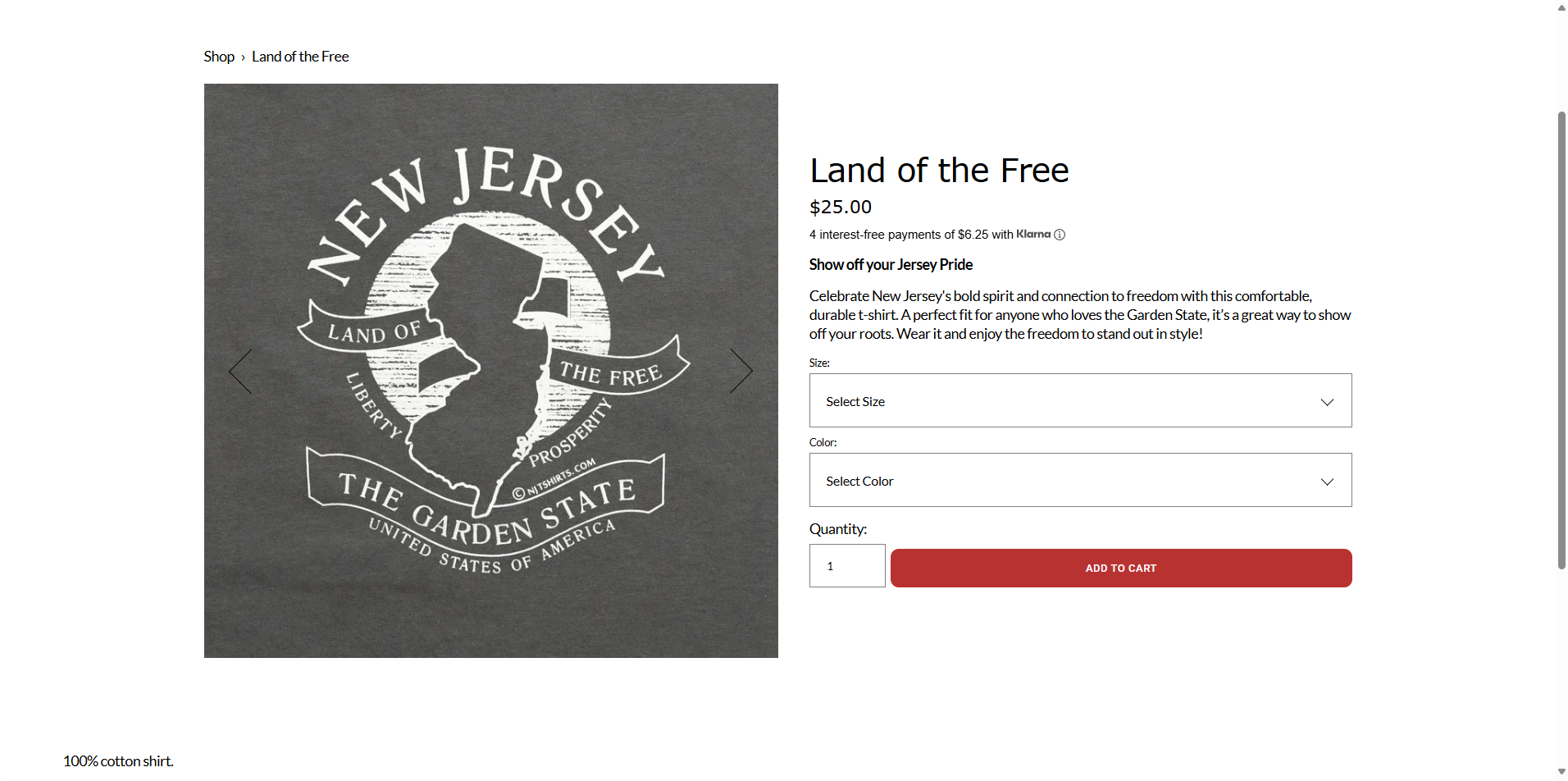 NJ Tshirts website Product Page